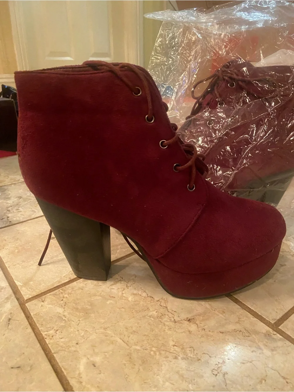 Women's Burgundy Lace-Up Platform Ankle Boots